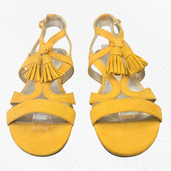 Anne Klein Noreen Golden Yellow Suede Tassel Flat Sandals Boho Chic Size 6 - Picture 4 of 15